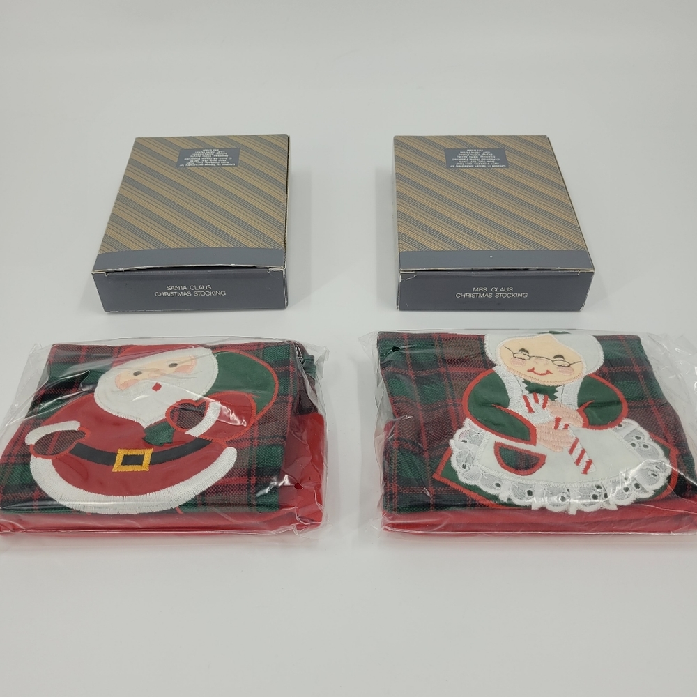 Avon Stockings Mr Mrs Claus Plaid Holiday Christmas Gift Applique NEW Vintage